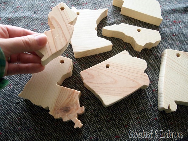 Mini Wooden States as Christmas Ornaments {Sawdust and Embryos}