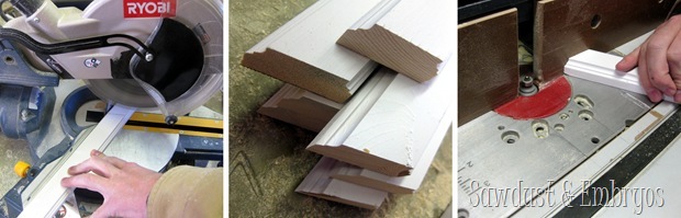 Cutting Angled trim pieces for patchwork accent wall herringbone pattern {Sawdust and Embryos}