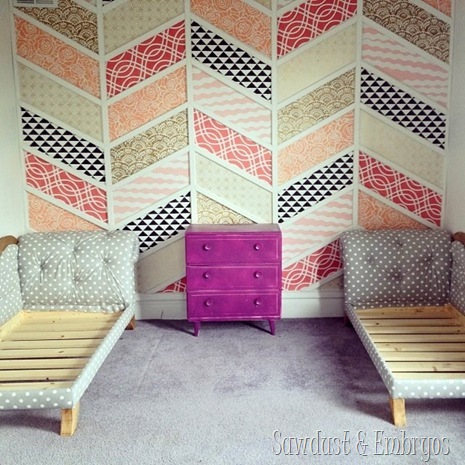 Herringbone Stenciled Accent Wall with Toddler Bed  Fainting Couches {Sawdust and Emrbyos}