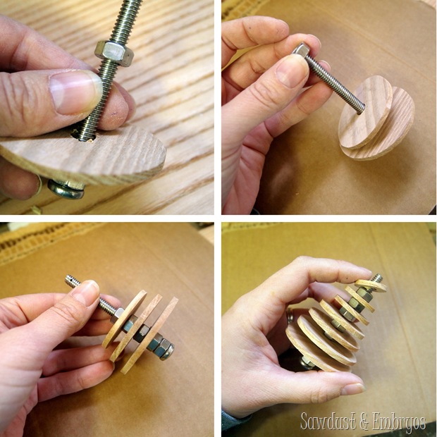 Make your own industrial christmas tree ornament using basic hardware and wood discs! {Sawdust & Embryos}