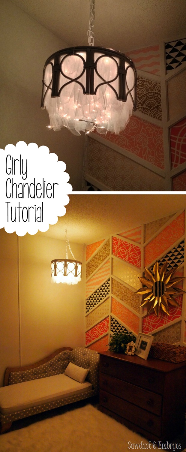 DIY chandelier using a bamboo end table, a tomato cage, tulle, and twinkle lights! {Sawdust & Embryos}