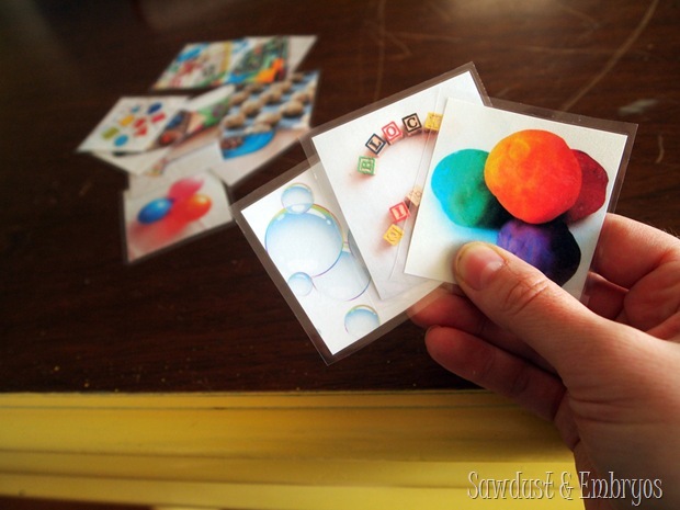 Photograph and laminate activity cards for toddlers to choose from when they're bored {Sawdust and Embryos}