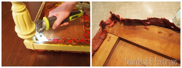 Removing grody fabric from dining chairs in prep for re-foaming and reupholstering! {Sawdust and Embryos}