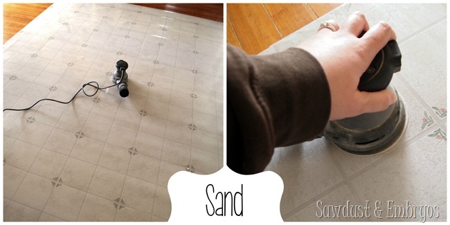 Sand and PAINT a remnant of linoleum for a dining room area rug.