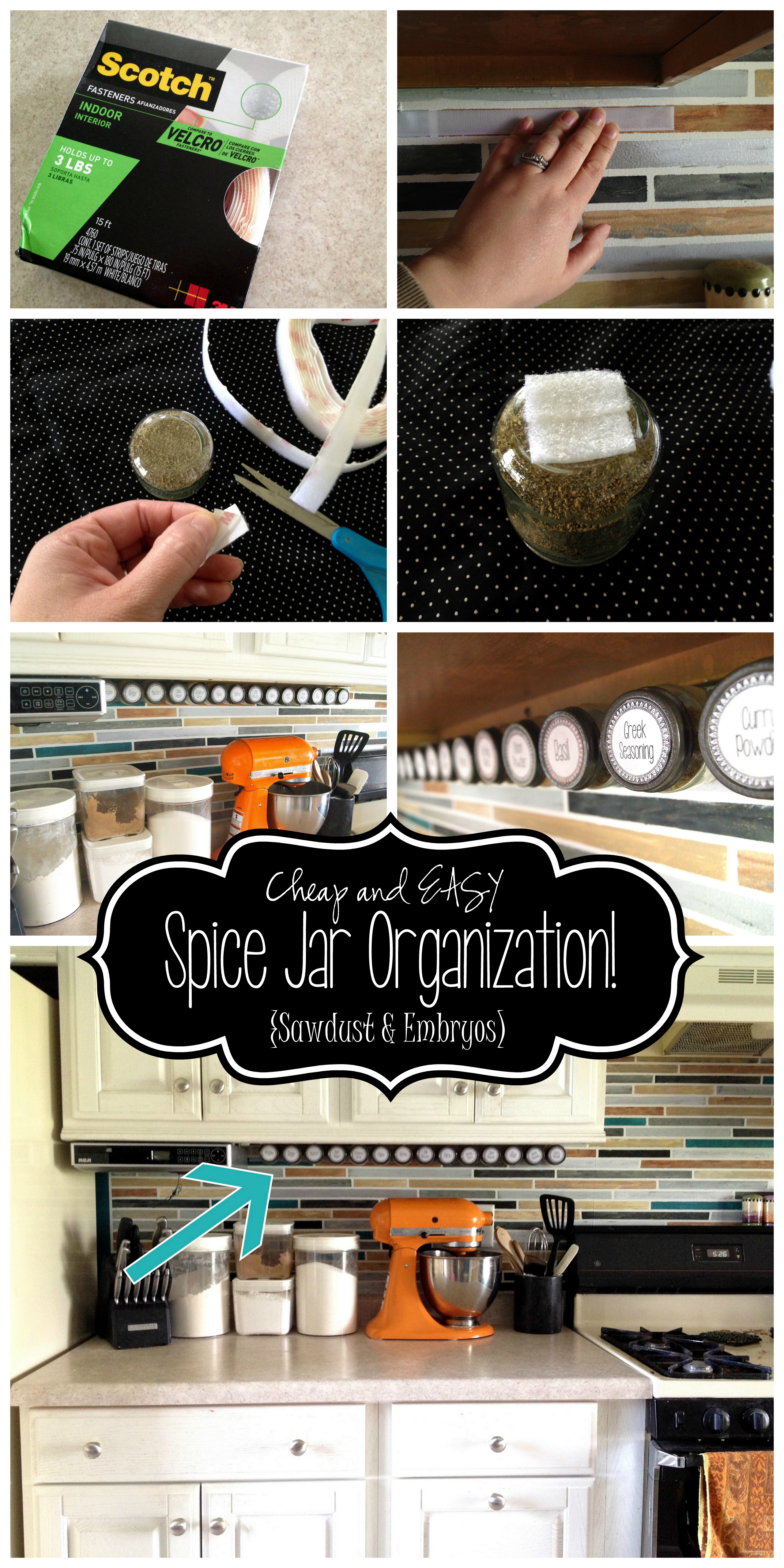 Affix your spice jars to your backsplash using a velcro-like technology... soooo smart! {Sawdust and Embryos}