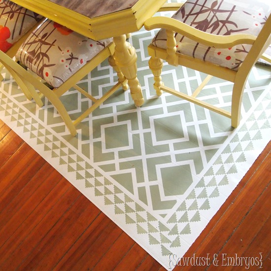 PAINT a remnant of linoleum to look like an area rug for under your dining table! {Sawdust and Embryos}