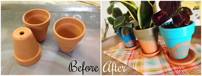 Doily-stenciled terra cotta pots {Sawdust and Embryos}