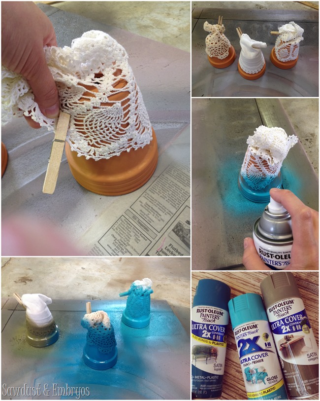 Use doilies as stencils to dress up simple terra cotta pots! {Sawdust and Embryos}