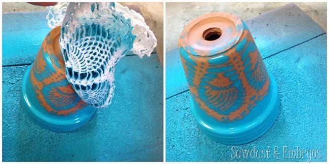 Using old doilies to stencil terra cotta pots! {Sawdust and Embryos}