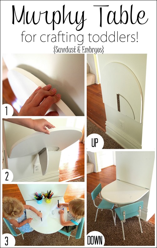 Simple instructions for building a small table that folds down from the wall for crafting toddlers, and folds back up out of the way when not in use! {Sawdust and Embryos}