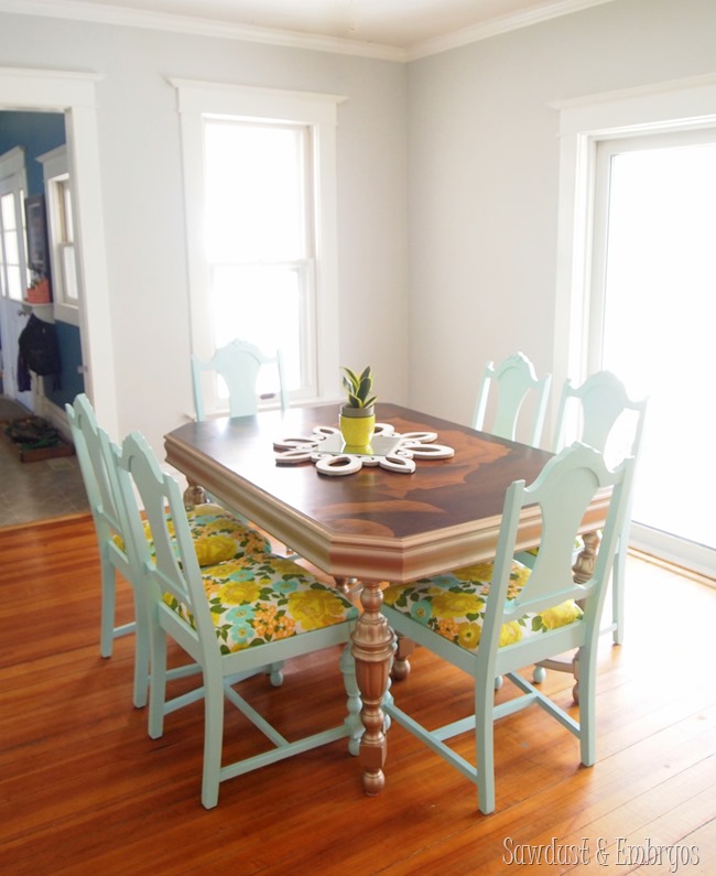 Mint dining chairs, vintage fabric, and gold dining table! {Sawdust and Embryos}