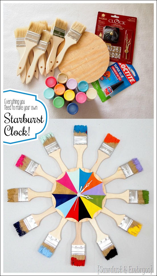 All the supplies you need to make your own paint-dipped paint brush starburst clock (or mirror!) {Sawdust and Embryos}