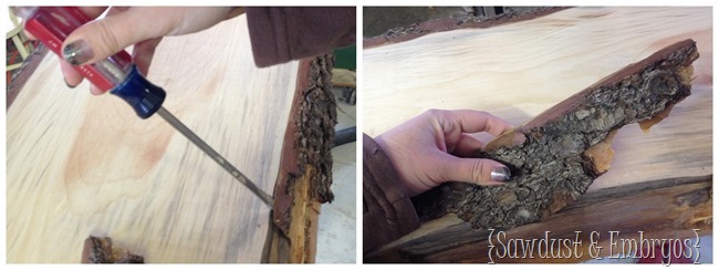 Removing bark from live edge wood to create a breakfast bar in the kitchen.