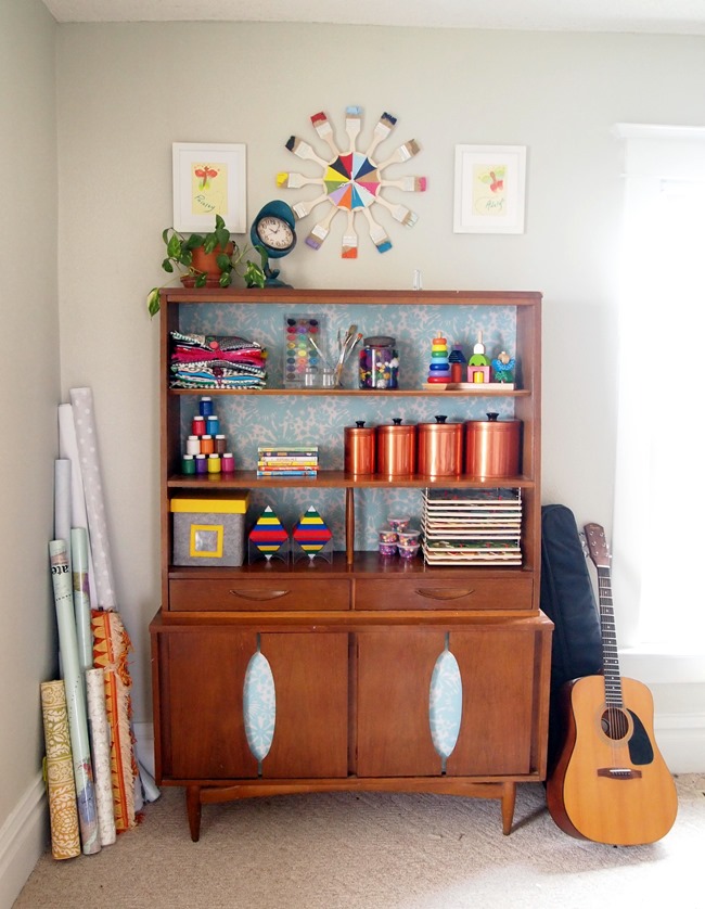 Add a little 'temporary' flare to mid-century furniture without ruining it! Removable wallpaper by Wallternatives {Sawdust & Embryos}