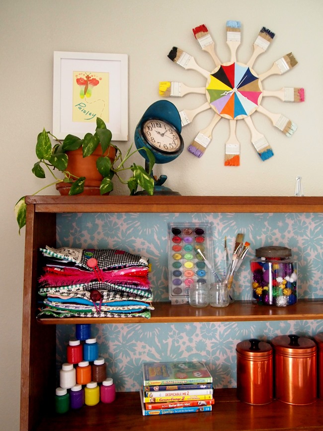 Apply removable wallpaper to the back of a hutch for a quick punch of color! {Sawdust and Embryos}