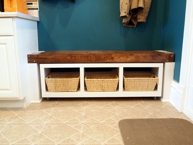 Built-in mudroom bench with roll-out cubby bench {Sawdust and Embryos}