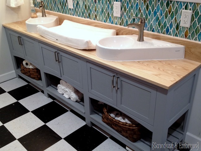 Bathroom vanity with double sink and a spot for a baby changing pad! {Sawdust and Embryos}