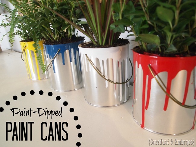 Buy plain empty quart paint cans and dip them in paint for fun planters or cute storage! {Sawdust & Embryos}