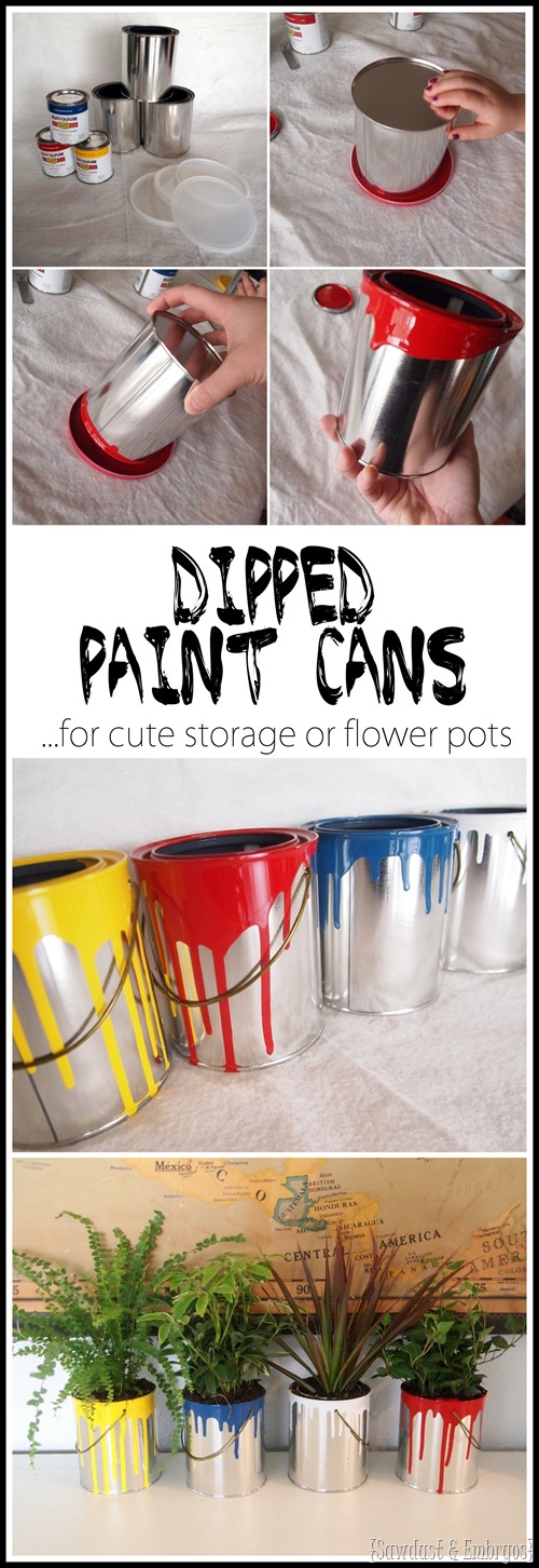 Buy plain empty quart paint cans and dip them in paint for fun planters or cute storage! {Sawdust and Embryos}