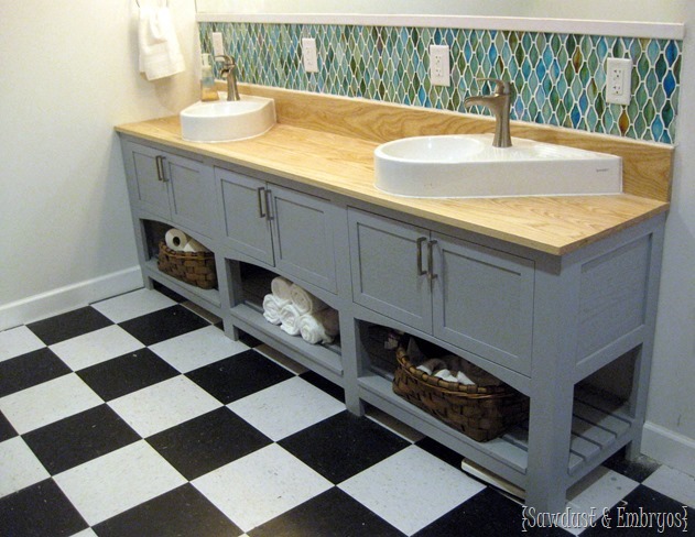 Custom built shaker-style bathroom vanity with geometric backsplash {Sawdust and Embryos}