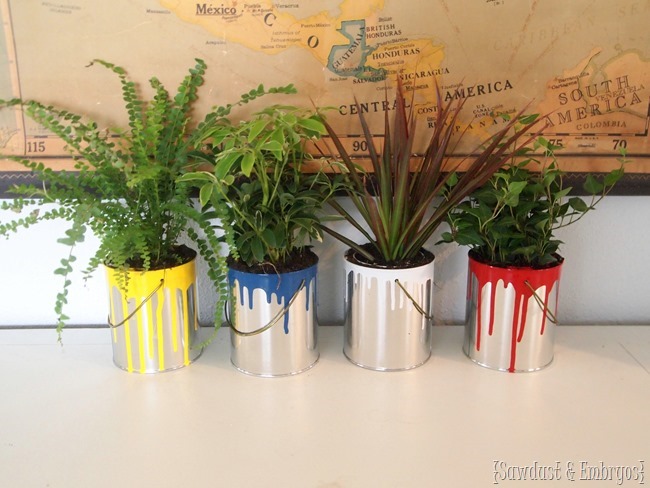 Paint-dipped paint cans as cute planters! {Sawdust and Embryos}.JPG