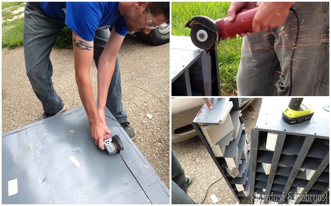 Using a grinder to cut down metal cubbies {Sawdust and Embryos}