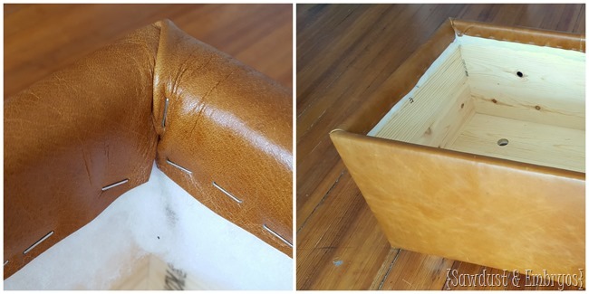 Upholstering a leather ottoman (with storage for blankets!) 