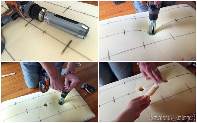 Using a circle foam cutter drill bit to cut holes for diamond tufting