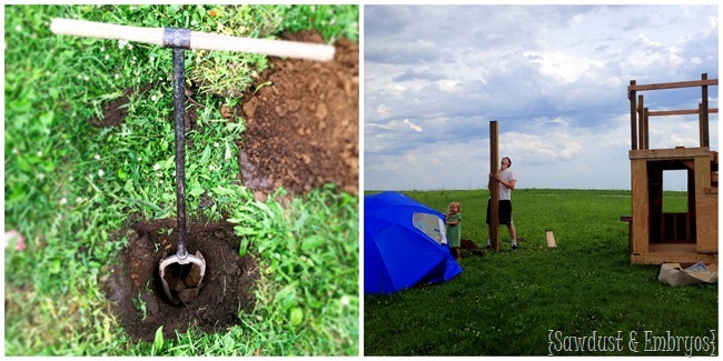 Using an auger to put up support beams on a DIY Swing Set {Sawdust and Embryos}