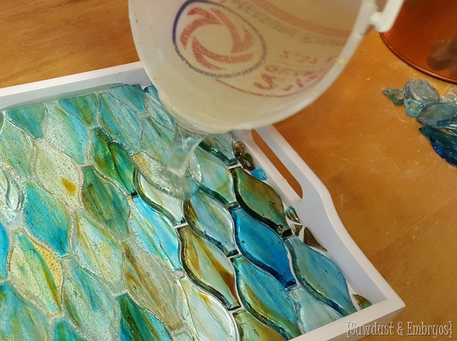 Add tiles or broken china to the bottom of an old tray and just add epoxy! {Sawdust and Embryos}