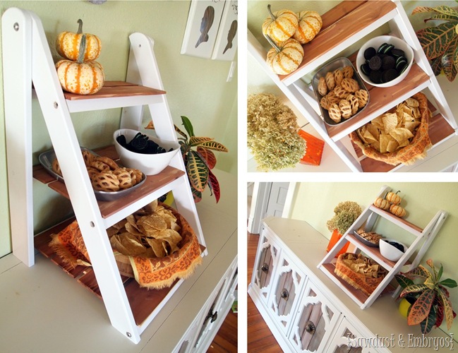 DIY MIni Ladder Shelf for Serving and Entertaining! {Sawdust and Embryos} #fall #decor #thanksgiving #entertaining