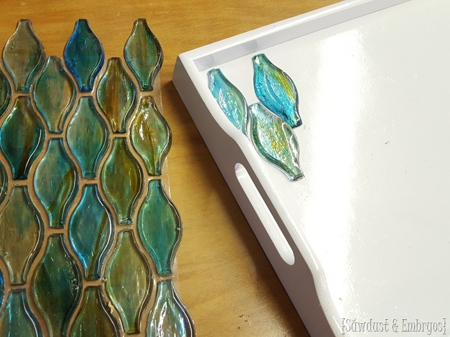 Make an old tray new by adding tile, broken glass, or ANYTHING and pouring on epoxy! {Sawdust and Embryos}