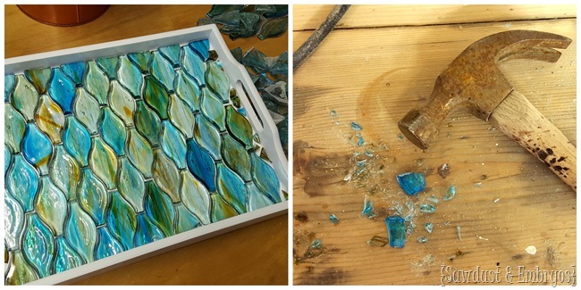 Make an old tray new by painting it white and adding some kind of mosaic with epoxy! {Sawdust and Embryos}