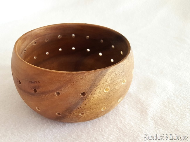 Wooden bowl after drilling two rows of holes.... ready for the weaving now! {Sawdust and Embryos}