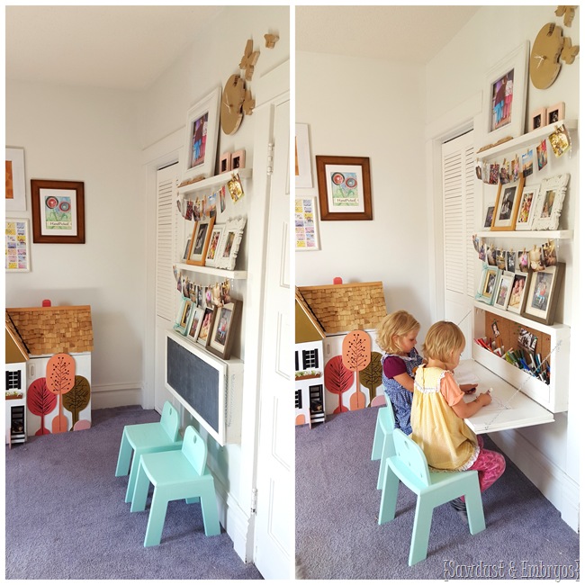 Build your own Murphy Table for kids... it's like a wall-mounted secretary desk with all that storage inside! 